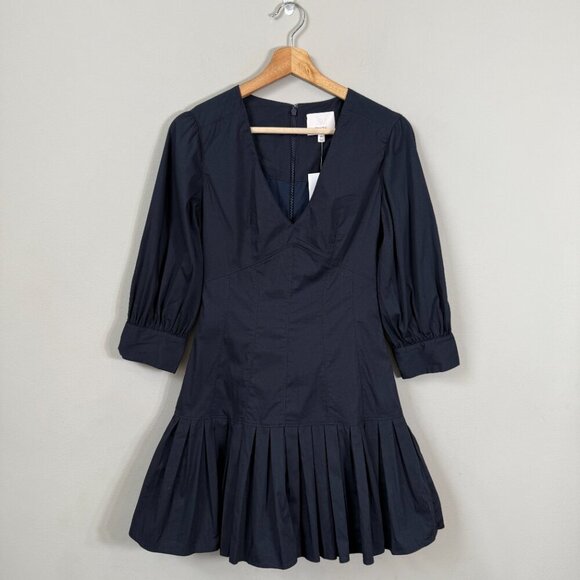 Cinq A Sept Sawyer V-Neck Pleated Mini Dress Women's 00 Blue Drop Waist Chic NWT - Picture 5 of 16